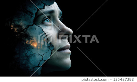woman face with glowing cracks and forest imagery creates surreal effect woman face with glowing cracks and forest imagery creates surreal effect 125487398
