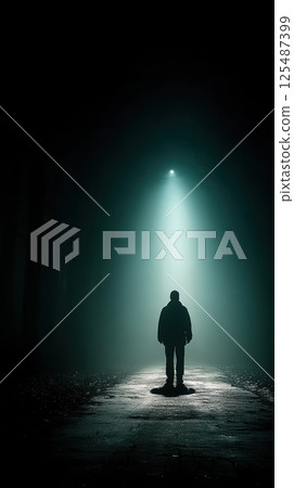 lone silhouette stands under streetlight, casting mysterious glow lone silhouette stands under streetlight, casting mysterious glow 125487399