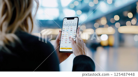 Young caucasian woman using smartphone calendar in modern office setting 125487448