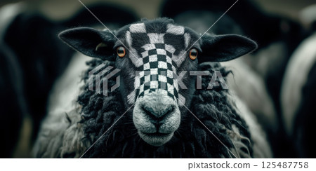 Black sheep with unique white checkerboard pattern on its face looks curiously at camera 125487758