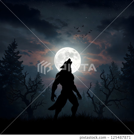 Silhouetted werewolf howling at the full moon in a spooky forest 125487871
