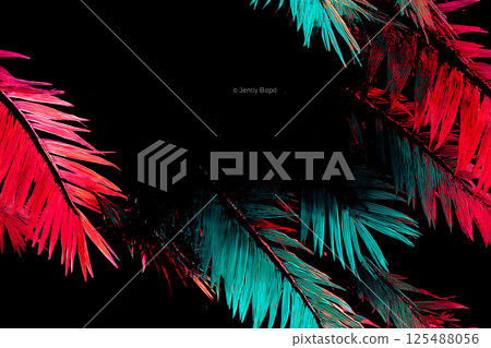 Neon palm leaf line art minimal design on navy blue background 125488056