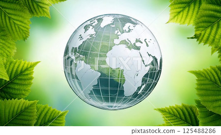 A 3DCG illustration of the Earth floating in the center of a green background surrounded by green leaves. 125488286