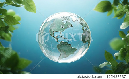 A 3DCG illustration of the Earth, resembling a glass ball or a drop of water, floating in the center of a blue background surrounded by green leaves. 125488287