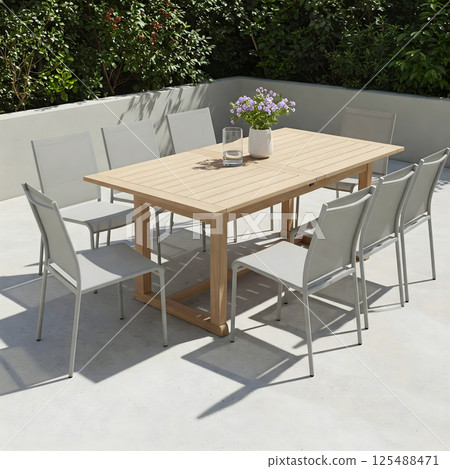 Outdoor dining set with a light wood table and gray chairs on a patio 125488471