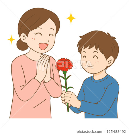 Boy giving carnation flowers on Mother's Day 125488492