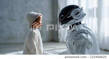 Young child interacting with friendly humanoid robot indoors 125488620