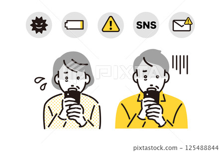 Senior men and women having trouble looking at their smartphone screens 125488844