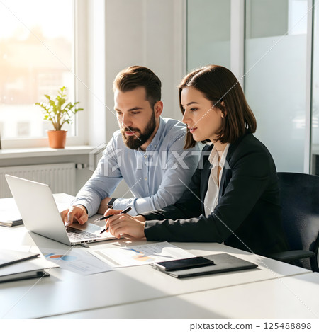 Two people work together at a desk, looking at a laptop screen in a brightly lit office Two people work together at a desk, looking at a laptop screen in a brightly lit office 125488898