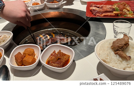Korean traditional food, Kimchi and steamed pork with rice 125489076