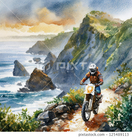 A watercolor motorcyclist rides along a coastal trail with cliffs and sea 125489113