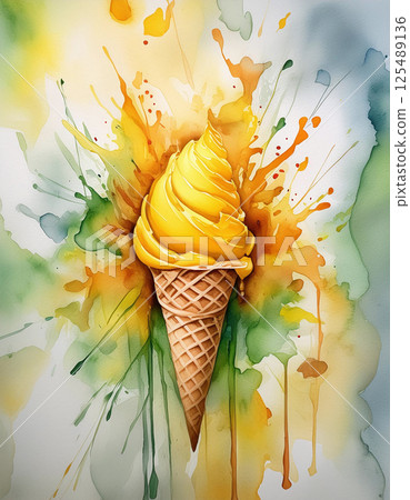 A watercolor illustration of a yellow ice cream cone with splatters of yellow, orange, and green, reminiscent of a summer day 125489136