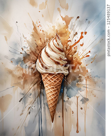 A chocolate-drizzled ice cream cone splattered with cocoa, bursting with flavor 125489137