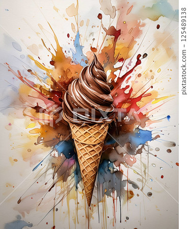 A watercolor illustration of a chocolate ice cream cone with chocolate chunks bursting from it, set against a vibrant backdrop of splattered colors 125489138