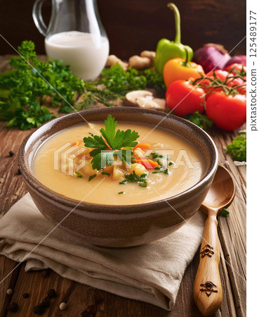 Creamy vegetable soup in a bowl with fresh parsley garnish 125489177
