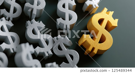 Golden dollar sign stands out among many silver dollar signs on dark surface, symbolizing value 125489344