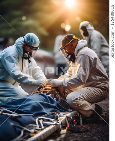 Focused medical team protective gear patient care stretcher outdoor urgent scene sunlight action 125489618