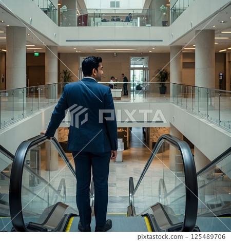 A man in a suit stands on an escalator in a large, modern building with multiple levels, facing away from the viewer A man in a suit stands on an escalator in a large, modern building with multiple levels, facing away from the viewer 125489706