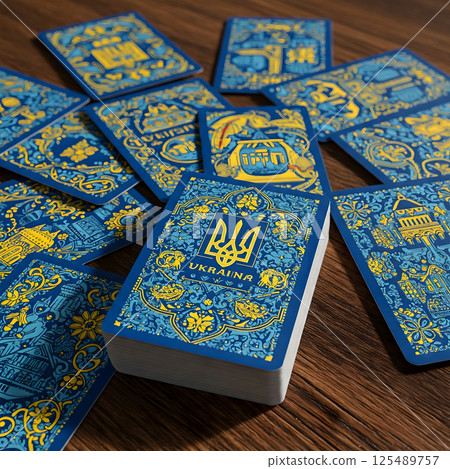 A deck of playing cards with intricate gold designs and the Ukrainian coat of arms, spread out on a wooden surface 125489757