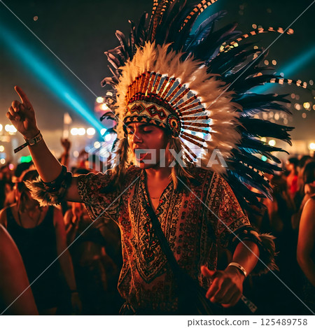 Person in headdress dances in a crowd under blue spotlights at a festival 125489758