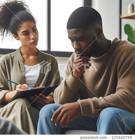 A young woman takes notes as a young man sits with a thoughtful expression during a counseling session 125489759