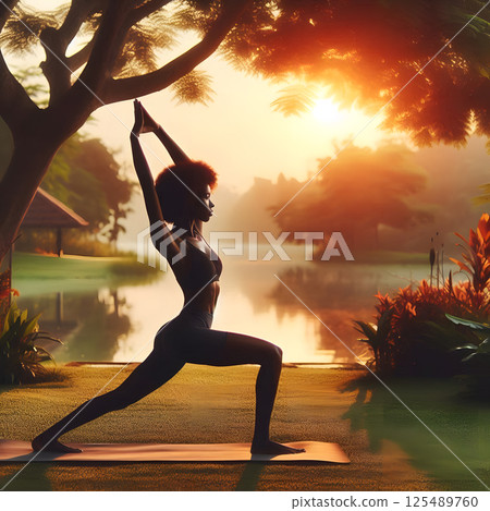 A woman practices yoga in a warrior pose on a mat by a lake at sunset, with trees and foliage surrounding her 125489760