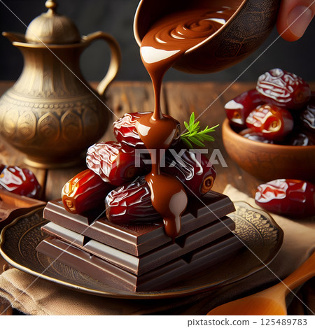 Chocolate being poured over dates stacked on chocolate bars, with a brass pot and bowl of dates in the background 125489783