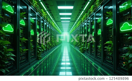 Futuristic Eco-Friendly Data Center with Green Cloud Servers and Lush Plants in 8K Ultra Realistic Style. 125489896