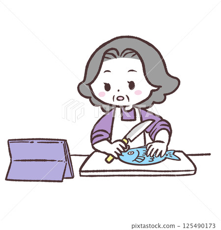 一位老年婦女一邊看影片一邊做魚的插圖 125490173