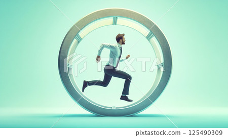 An artistic depiction of a man running in an endless cycle around a large clock, symbolizing the relentless race against time and the burnout caused by work pressure 125490309