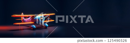 Funny colorful cartoon airplane on modern background, playful toy concept with copy space and banner layout Funny colorful cartoon airplane on modern background, playful toy concept with copy space and banner layout 125490326