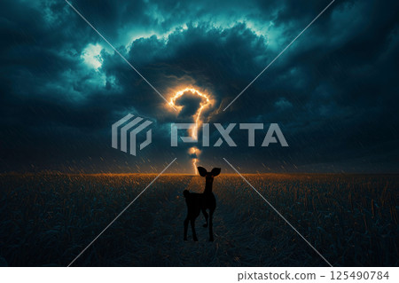A fawn standing in a dark wilderness with a burning question mark cloud 125490784