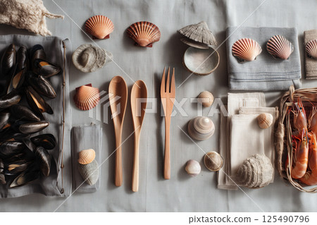 Flat lay of Scandinavian seafood and natural ingredients 125490796