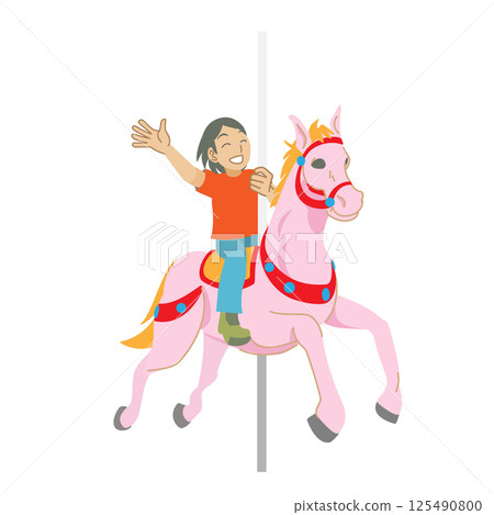 Girl waving on a merry-go-round 125490800