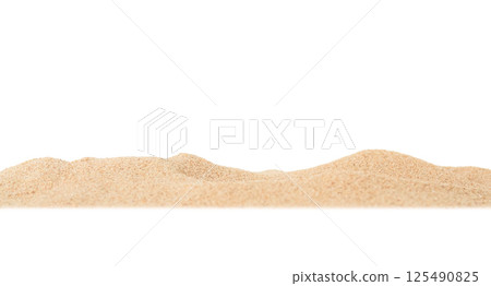 Sand Beach Isolated White Background Texture Summer Desert Zen Garden Coast Ocean for Vacation, Hot Summer Tropical Scene Chill Nature, Summer Time Yoga Holiday Dune Pile Dry Brown Heap Particle. 125490825