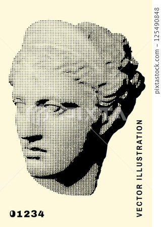 Head stylized with numbers 0, 1, 2, 3, 4. Vector illustration. Digital graphic for posters, banners, flyers, cover, historic artwork, ancient picture. Vintage engraving Plaster head of Diana. 125490848