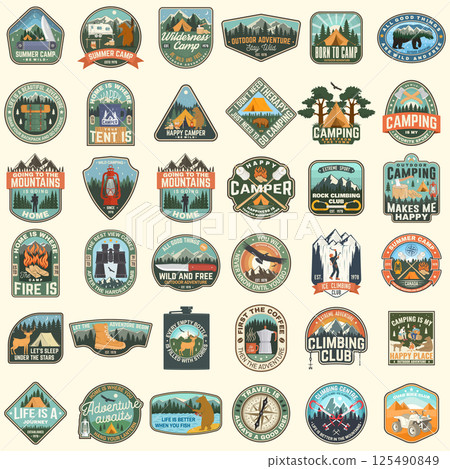 Set of rv camping badges, patches. Vector Concept for shirt or logo, print, stamp or tee. Vintage typography design with RV Motorhome, camping trailer and off-road car silhouette. 125490849