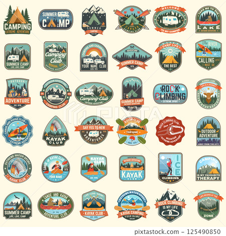 Set of Rock Climbing club and summer camp badges. Vector Concept for shirt or print, stamp, patch or tee. Vintage typography design with camping tent, trailer, camper, climber, carabiner and mountains 125490850
