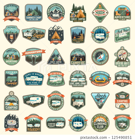 Set of Camping and caravanning club badges. Vector. Concept for shirt or logo, print, stamp, patch or tee. Vintage typography design with camp trailer, man with guitar, forest and mountain silhouette Set of Camping and caravanning club badges. Vector. Concept for shirt or logo, print, stamp, patch or tee. Vintage typography design with camp trailer, man with guitar, forest and mountain silhouette 125490851