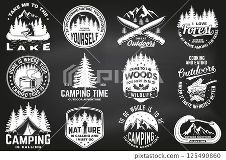 Set of logo, badge design with inspirational adventure quotes. Concept with oak leaf and acorns, pin forest, hiker, climber, matches stick, camping knives and mountain. Vector illustration. 125490860