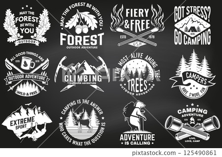 Set of logo, badge design with inspirational adventure quotes. Concept with oak leaf and acorns, pin forest, coffee or tea mug, hiker, climber, matches stick, camping flashlight and mountain. Vector. 125490861
