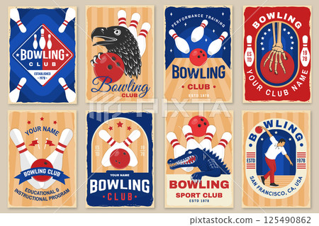 Bowling sports club flyer, poster, banner design. Vintage design with professional bowling player, eagle, crocodile, skeleton hand, bowling pins and ball silhouette. Vector. 125490862
