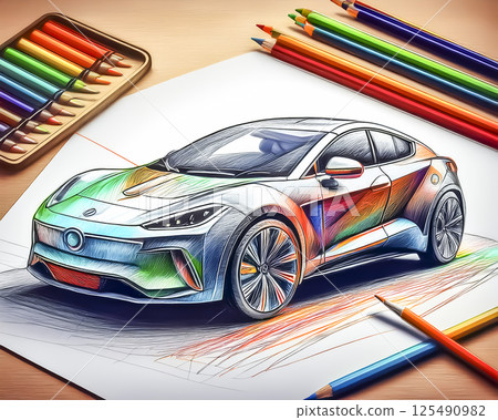 Sports car design image material: colored pencils 125490982