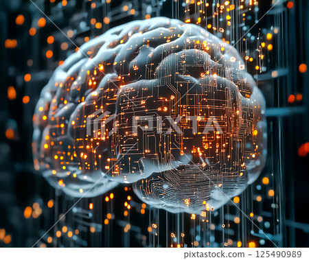 Image material showing the connection between the computer, brain and systems 125490989