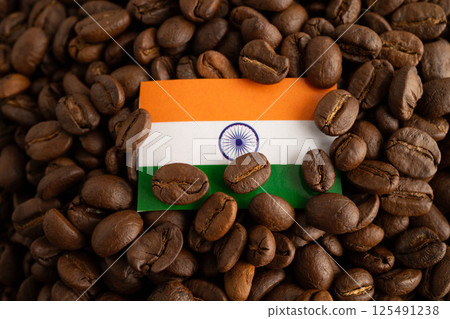 India flag on coffee beans, shopping online for export or import food product. 125491238