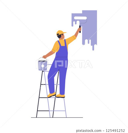 Illustration of a Home Repairman Painting a Wall Using a Ladder 125491252