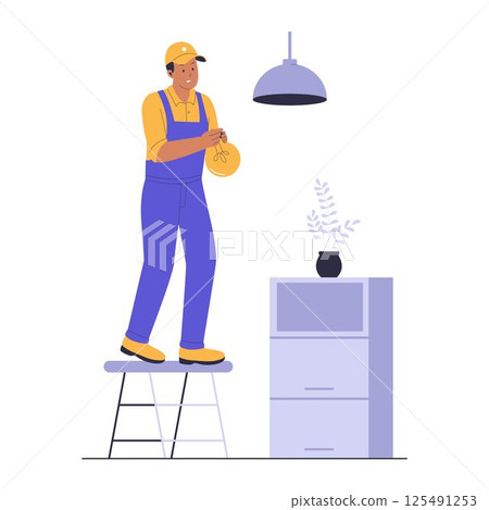 Illustration of a Home Repairman Changing a Lightbulb on a Ladder 125491253