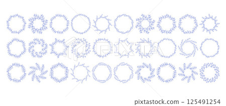 Mediterranean blue branches circle frame big set. Hand drawn round line border, leaves and flowers, wedding invitation and cards, logo design and posters template. Elegant minimal style floral set Mediterranean blue branches circle frame big set. Hand drawn round line border, leaves and flowers, wedding invitation and cards, logo design and posters template. Elegant minimal style floral set 125491254