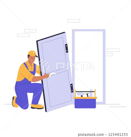 Illustration of a Home Repairman Fixing a Door Illustration of a Home Repairman Fixing a Door 125491255