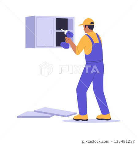 Illustration of a Home Repairman Installing a Cabinet with Drill 125491257